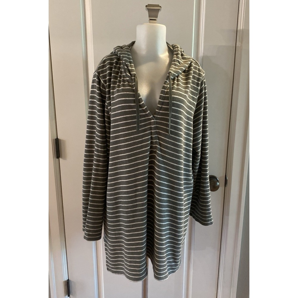 J Jill Striped Hoodie Womens XL Gray White Sweatshirt Pullover 3/4 Sleeve Casual